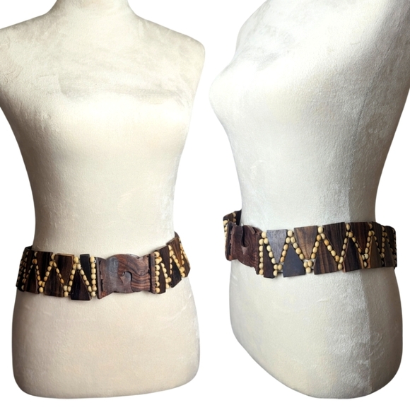 NWT Boho Wood & Beaded Seashore Belt Dark Brown Stretch One Size - Picture 1 of 10
